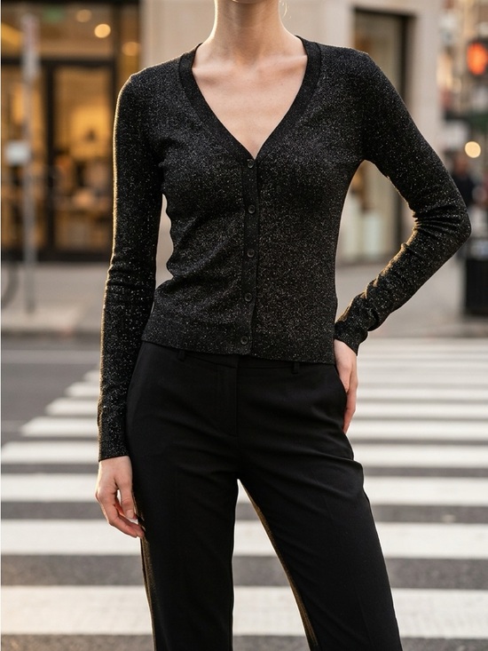 Dynamite Sweaters - Black Sparkle V-Neck Cardigan XS Slim Fit Button Front Metallic Shimmer NWT